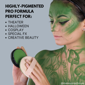 Mehron StarBlend Cake sealed with barrier spray emphasizing extended wear and sweat resistance