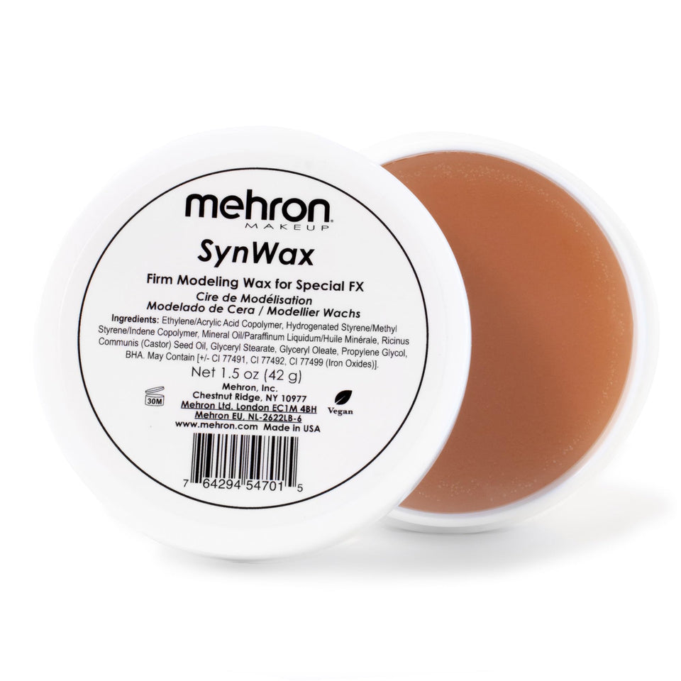 Mehron SynWax tin front view showing product and clear label for easy identification