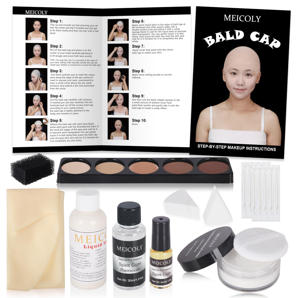 MEICOLY front packaging showing complete bald cap kit and tools for easy setup