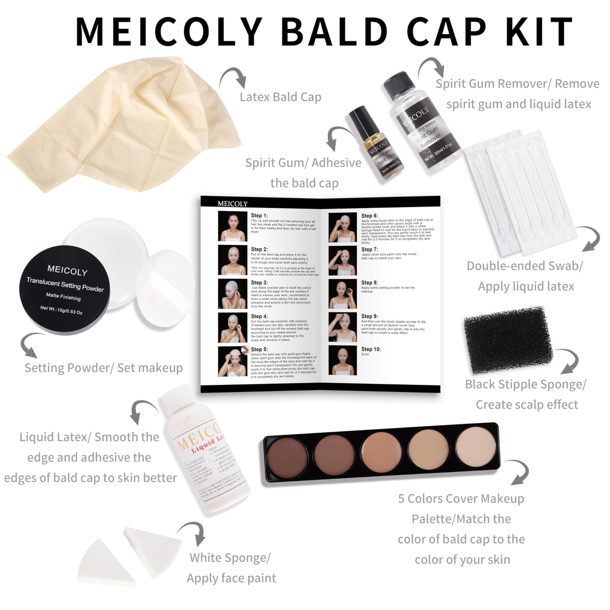 MEICOLY close-up of stretchy latex bald cap texture for realistic scalp finish
