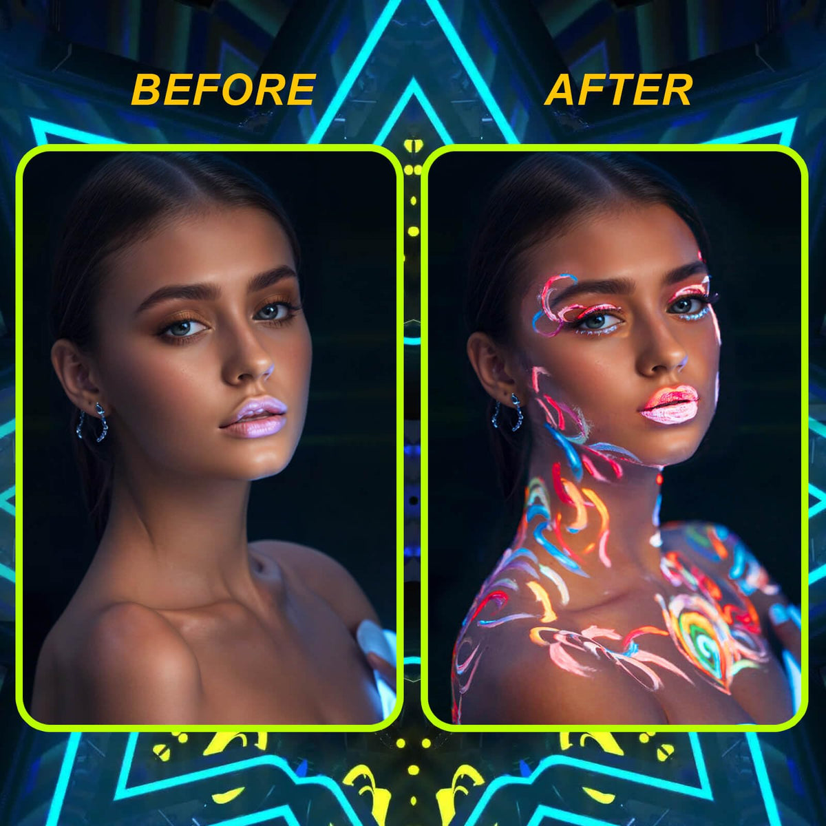 MEICOLY face application demo under blacklight showing dramatic fluorescence