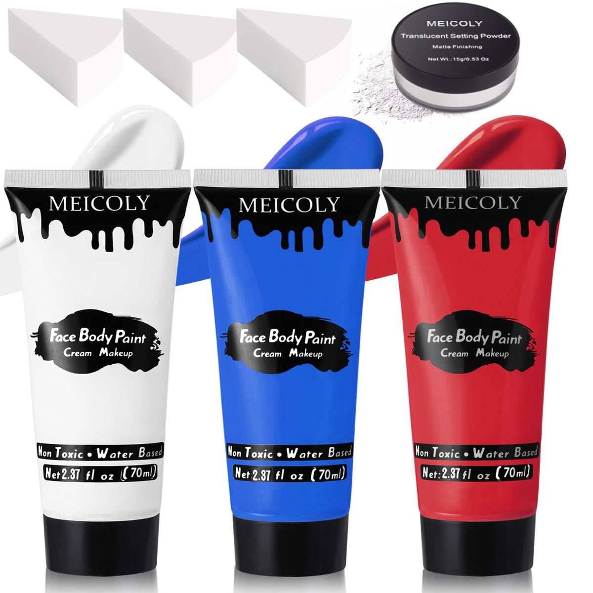 MEICOLY front packaging showing patriotic face paint kit and travel convenience