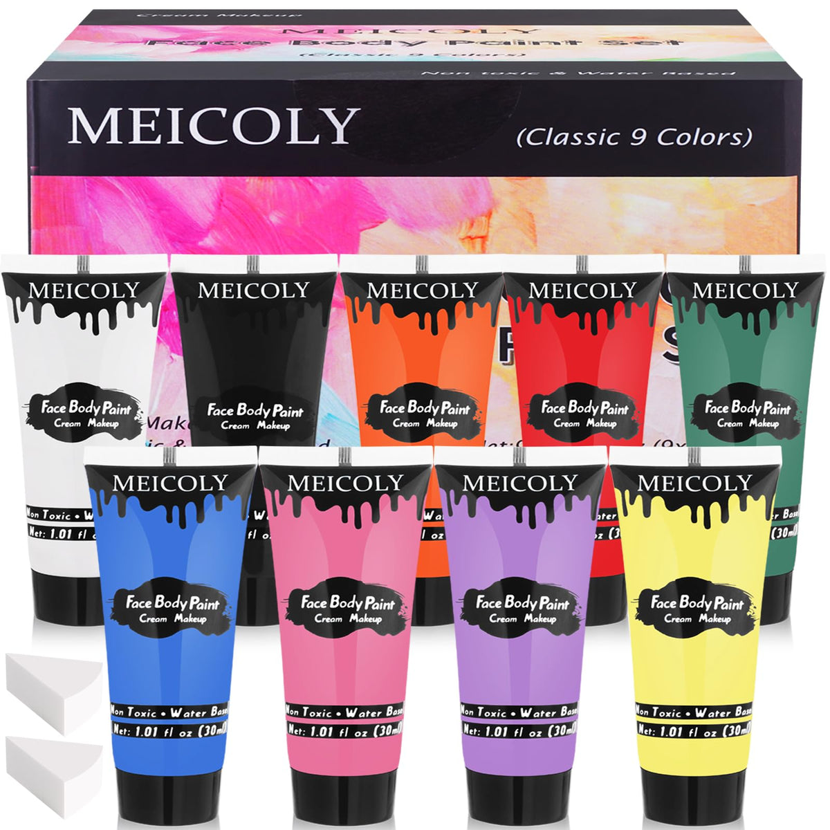 MEICOLY front packaging showing nine paint pots and box, clear kit overview