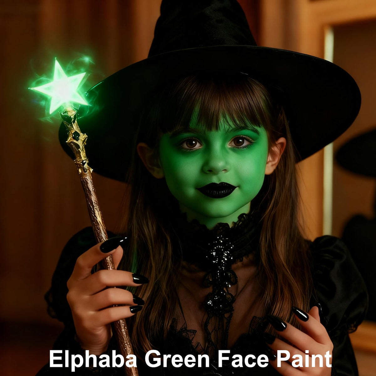 MEICOLY Elphaba green face demo illustrating vivid coverage and detail