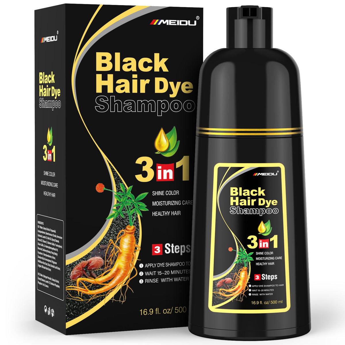 MEIDU front bottle view showing black shampoo and easy use benefit