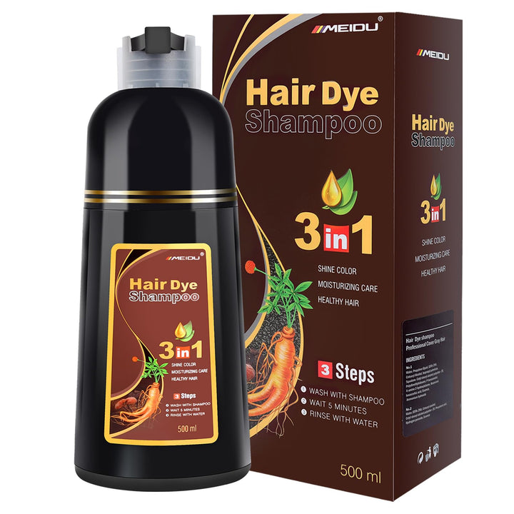 MEIDU bottle front view showing chestnut brown shade and clear labeling, easy identification benefit