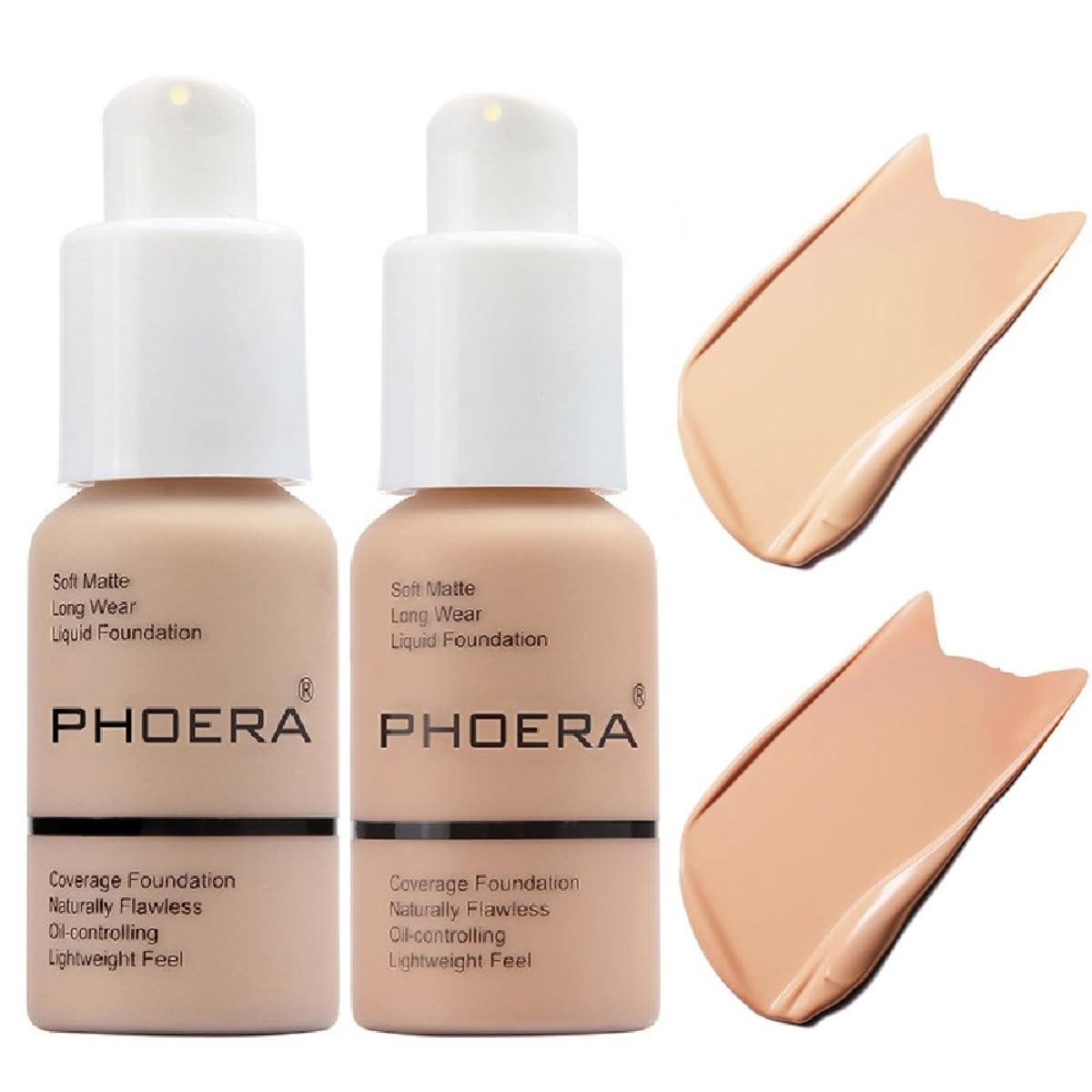 Meifen PHOERA front packaging showing two foundation bottles and shade labels for easy selection