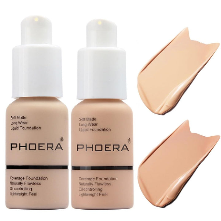 Meifen PHOERA front packaging showing two foundation bottles and shade labels for easy selection