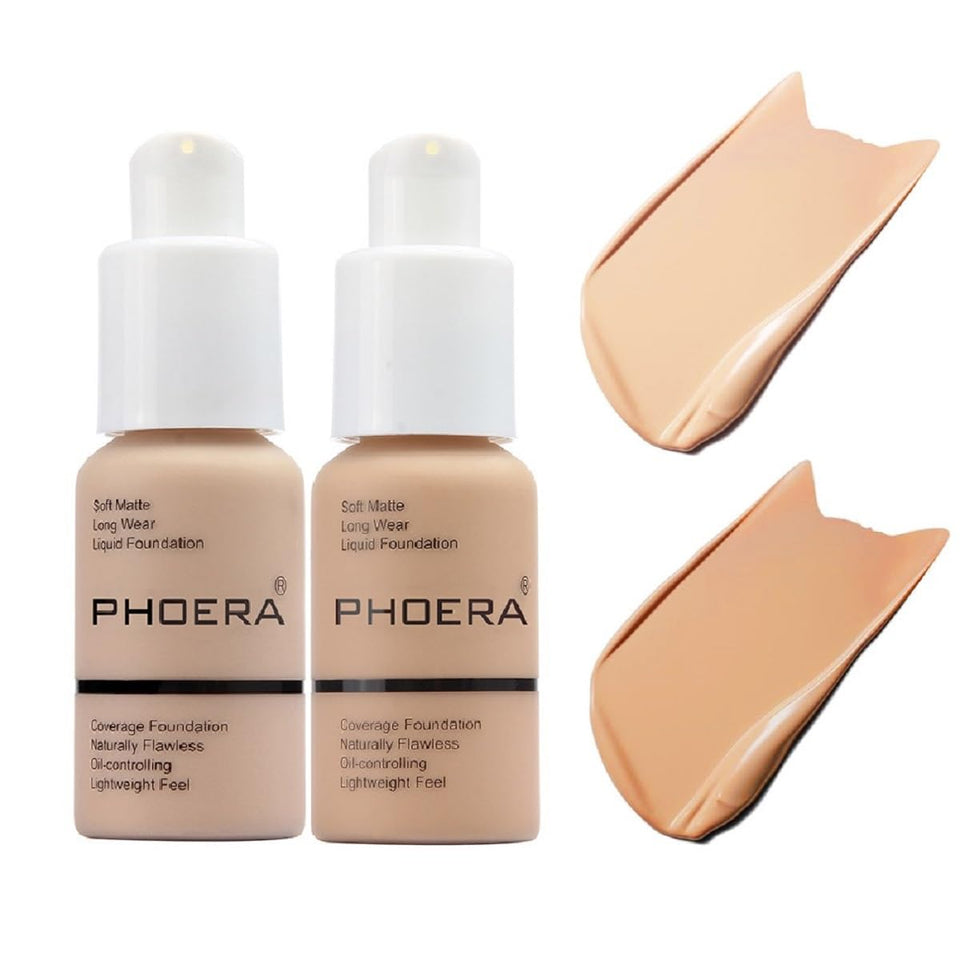 Meifen PHOERA front packaging showing two foundation bottles and shades