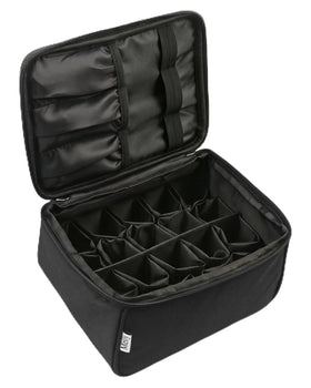 Meiiy front view of closed black organizer bag showing compact portability and durable handle