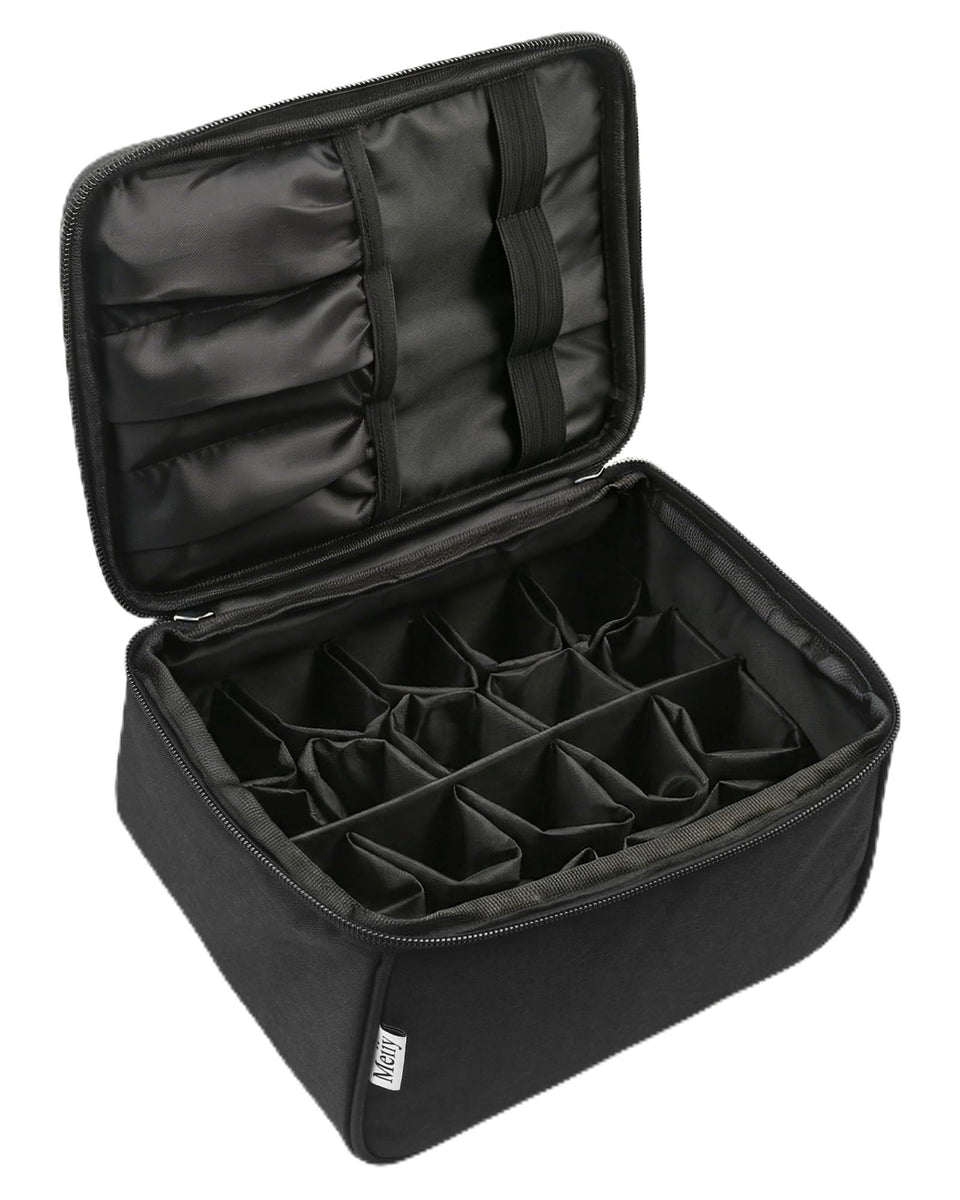 Meiiy front view of closed black organizer bag showing compact portability and durable handle