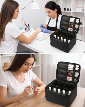 Meiiy on vanity with polishes and tools displayed for professional presentation and storage