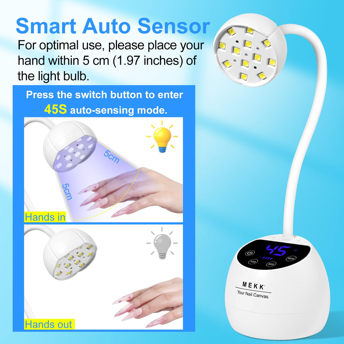 MEKK lamp held in hand to show small size and easy travel convenience