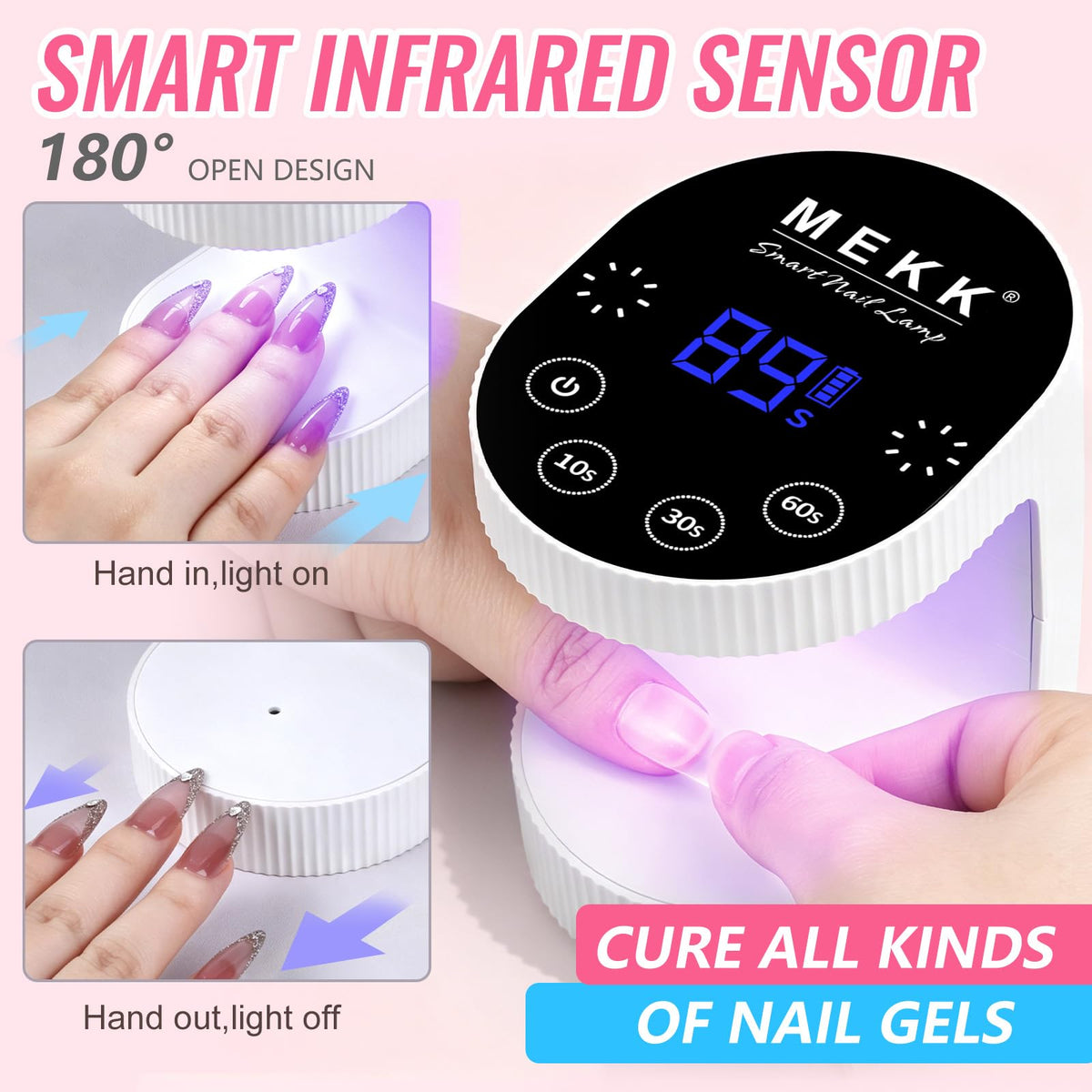 MEKK lamp curing a hand inside demonstrates cordless convenience and speed