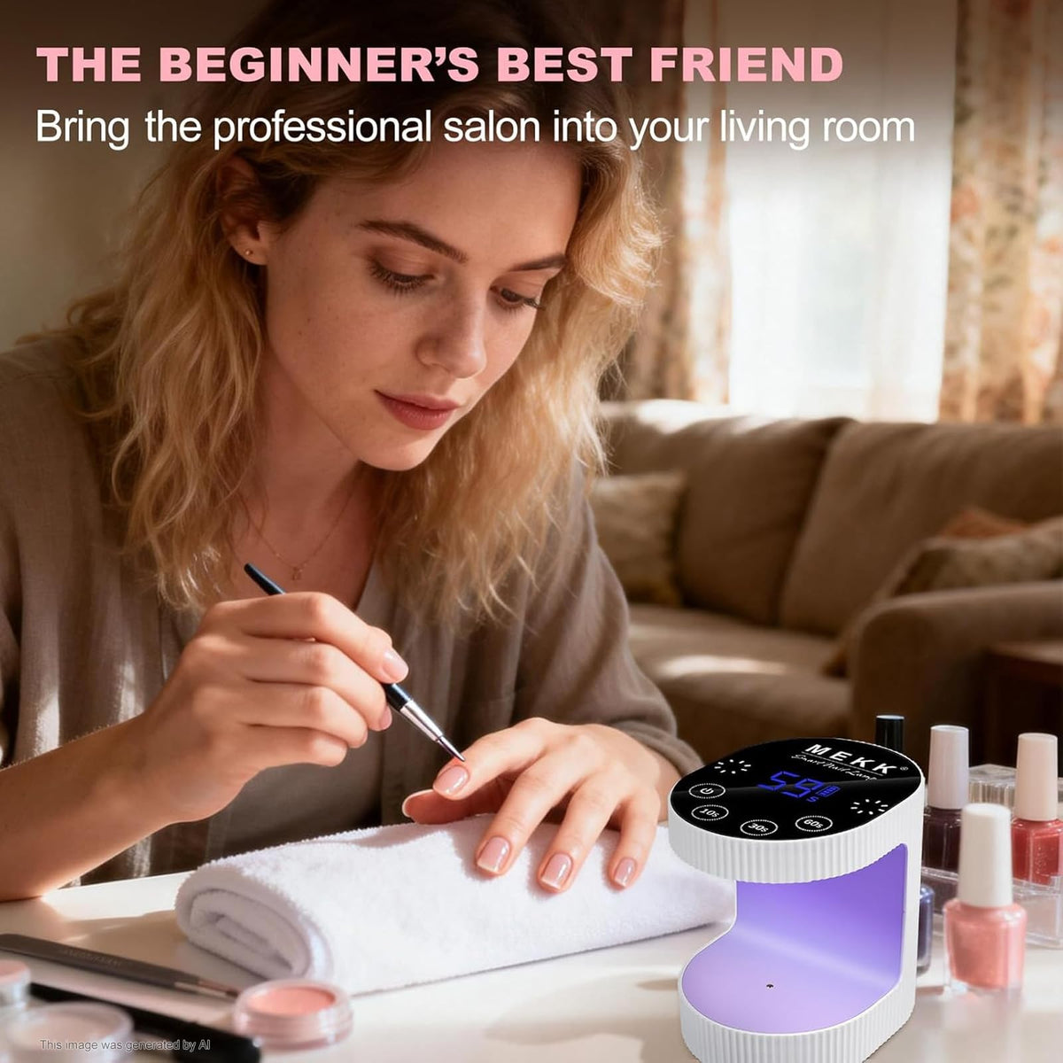 MEKK lifestyle shot in travel bag showing portability for on-the-go manicures