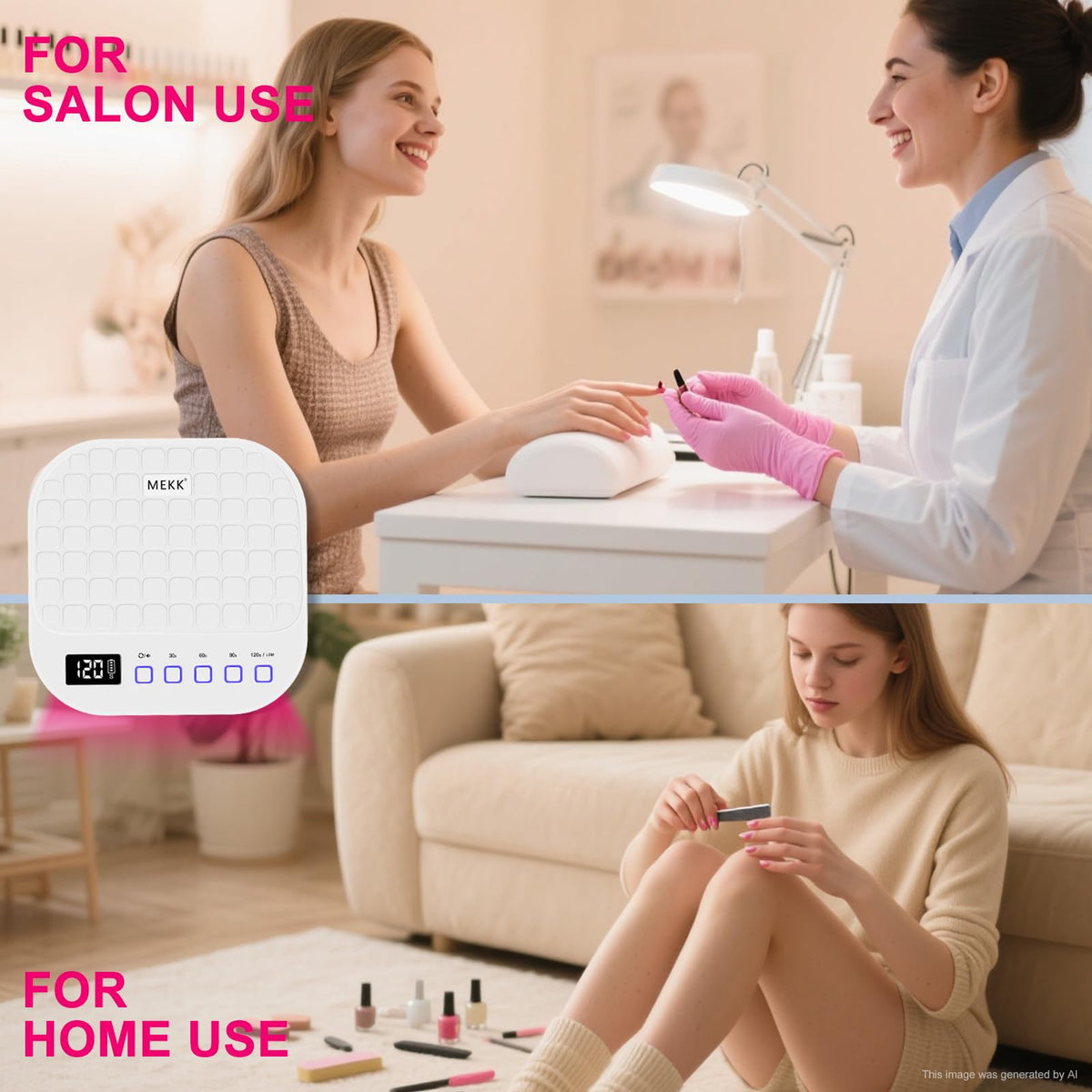 MEKK size comparison with manicure tools showing compact footprint for travel