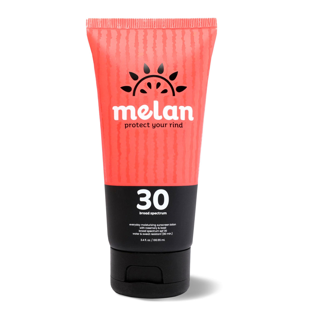 melan front packaging showing 3.4oz bottle and SPF details for travel-ready protection