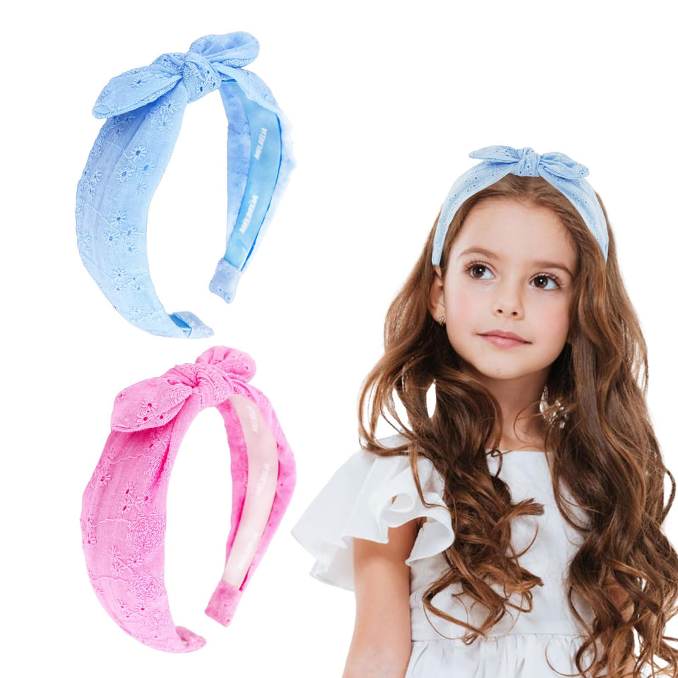 Melbelia front view of blue and pink headbands showing set and packaging benefit comfort