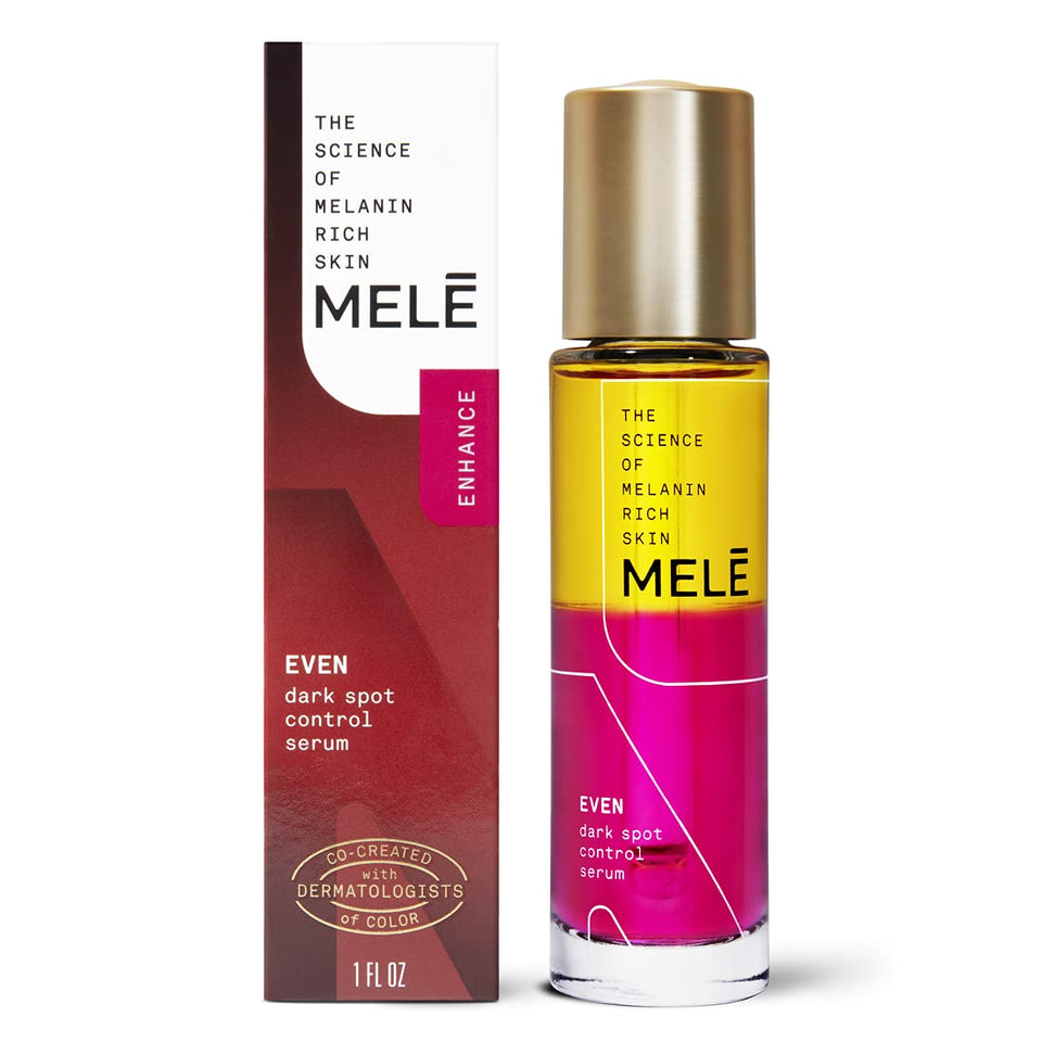 MELE front bottle shot showing label and benefits for even skin tone