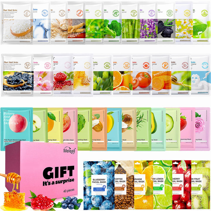 Meleell front packaging showing 40-mask bulk set and benefits