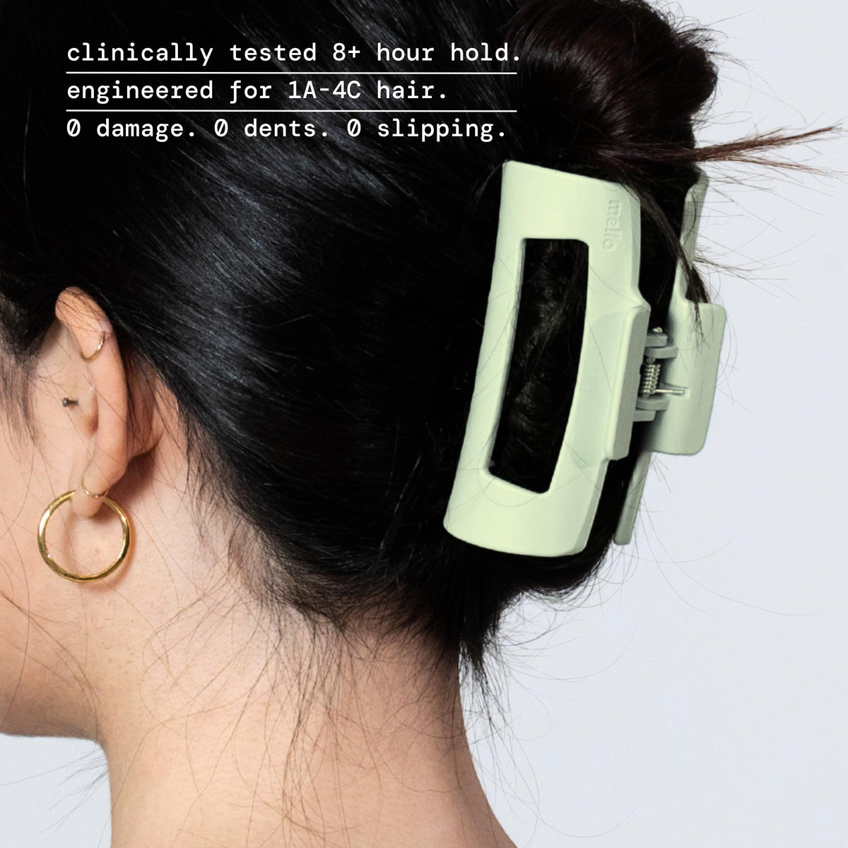 MELLO clip worn in hair side profile demonstrating reliable all-day grip
