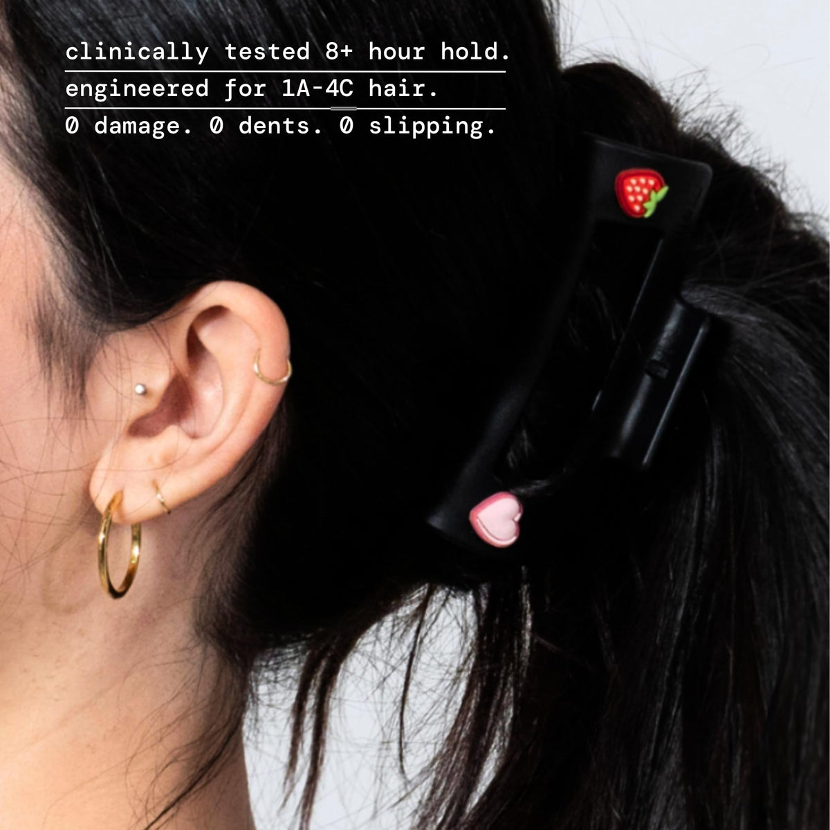 MELLO in-use on woman’s updo showing secure hold for all-day wear