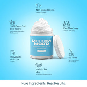 Mellow Moo'd label and ingredient list on jar, shows clean formulation