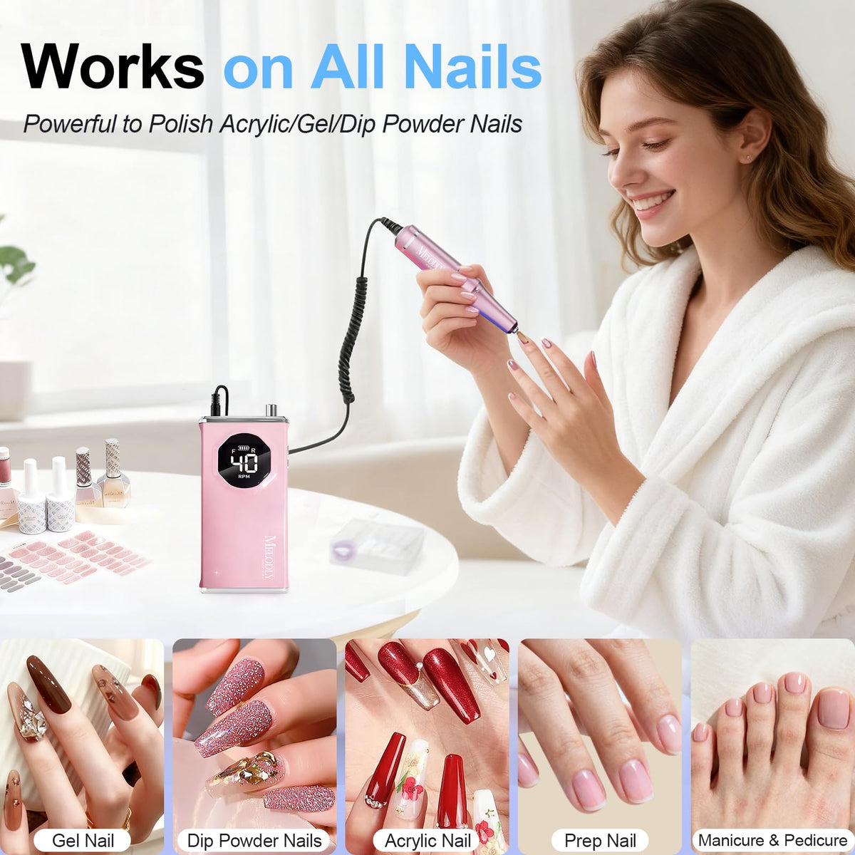 Melodly ceramic bit and sanding bands displayed for smoothing and finishing nails