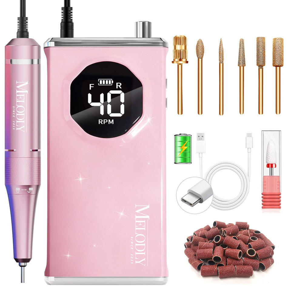 Melodly front view showing cordless e-file and compact handpiece for easy portability