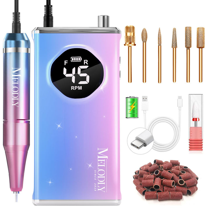 Melodly front view showing handpiece and kit for portable nail work