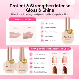 MelodySusie builder and glossy top coat bottles closeup for strength and long-lasting shine