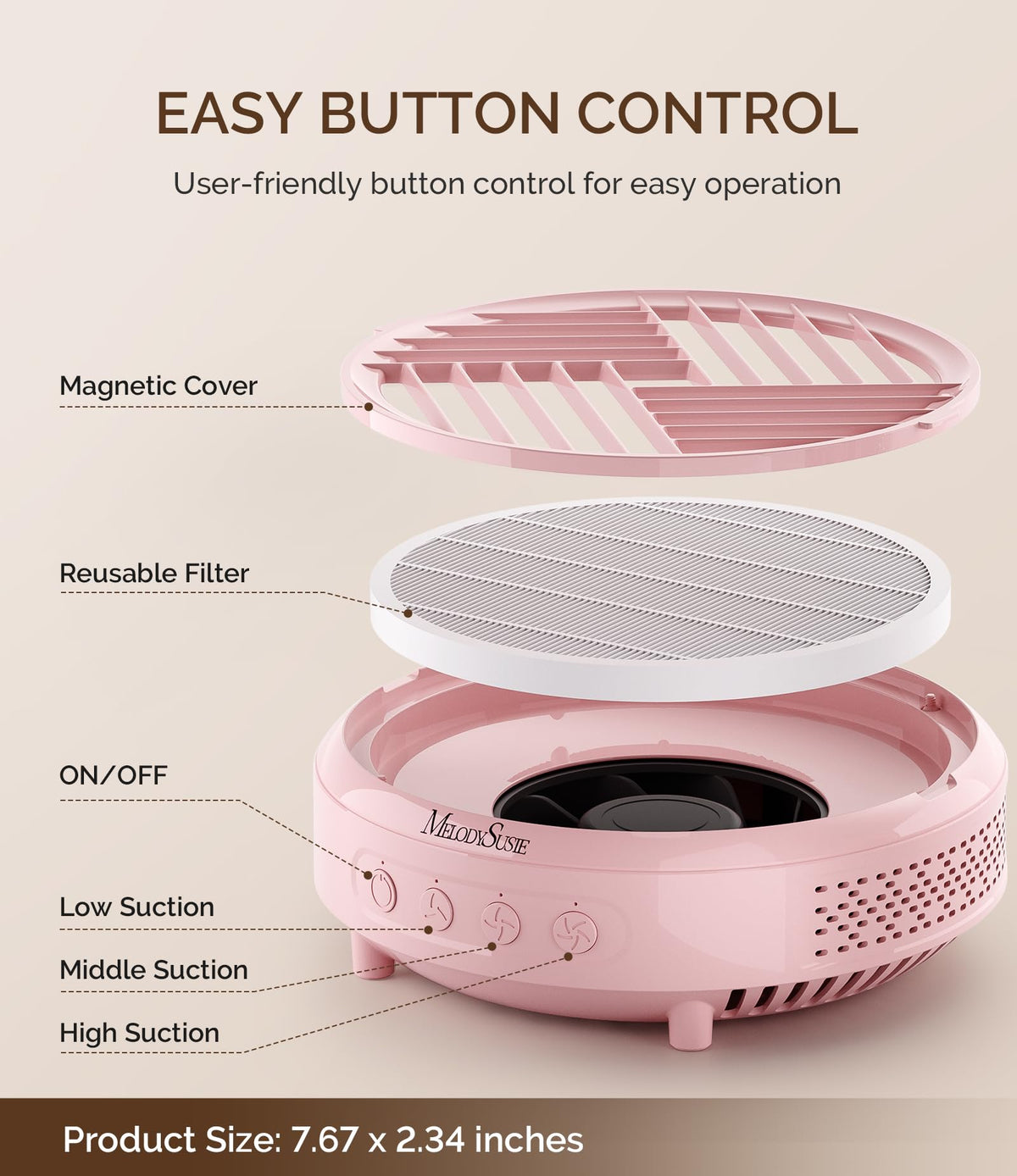MelodySusie button controls showing three suction modes for customizable airflow