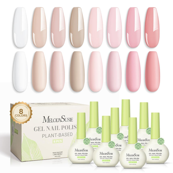 MelodySusie front packaging showing eight pink and nude bottles with clean design