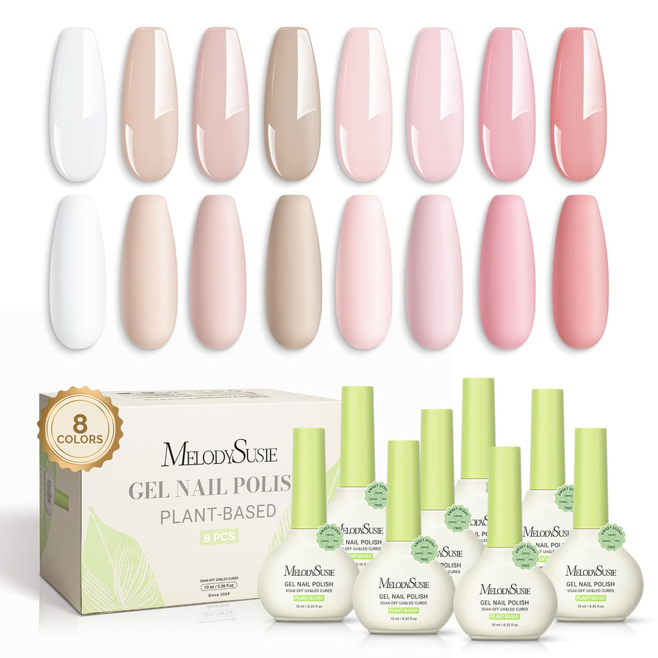MelodySusie front packaging showing eight pink and nude bottles with clean design