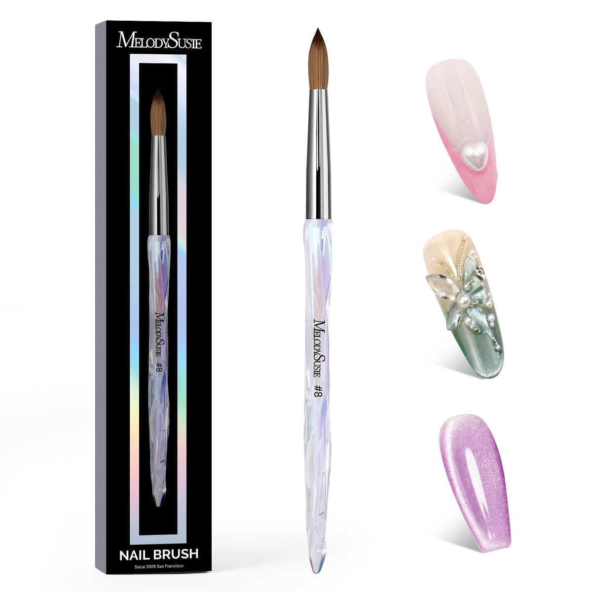 MelodySusie front view of Size 8 brush showing packaging and elegant handle, professional look