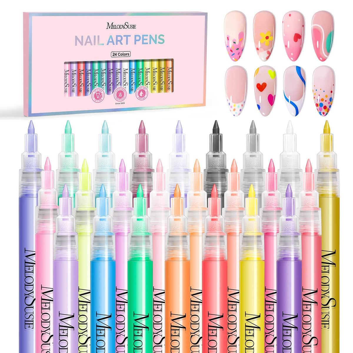 MelodySusie front packaging showing 24 nail art pens and product benefits