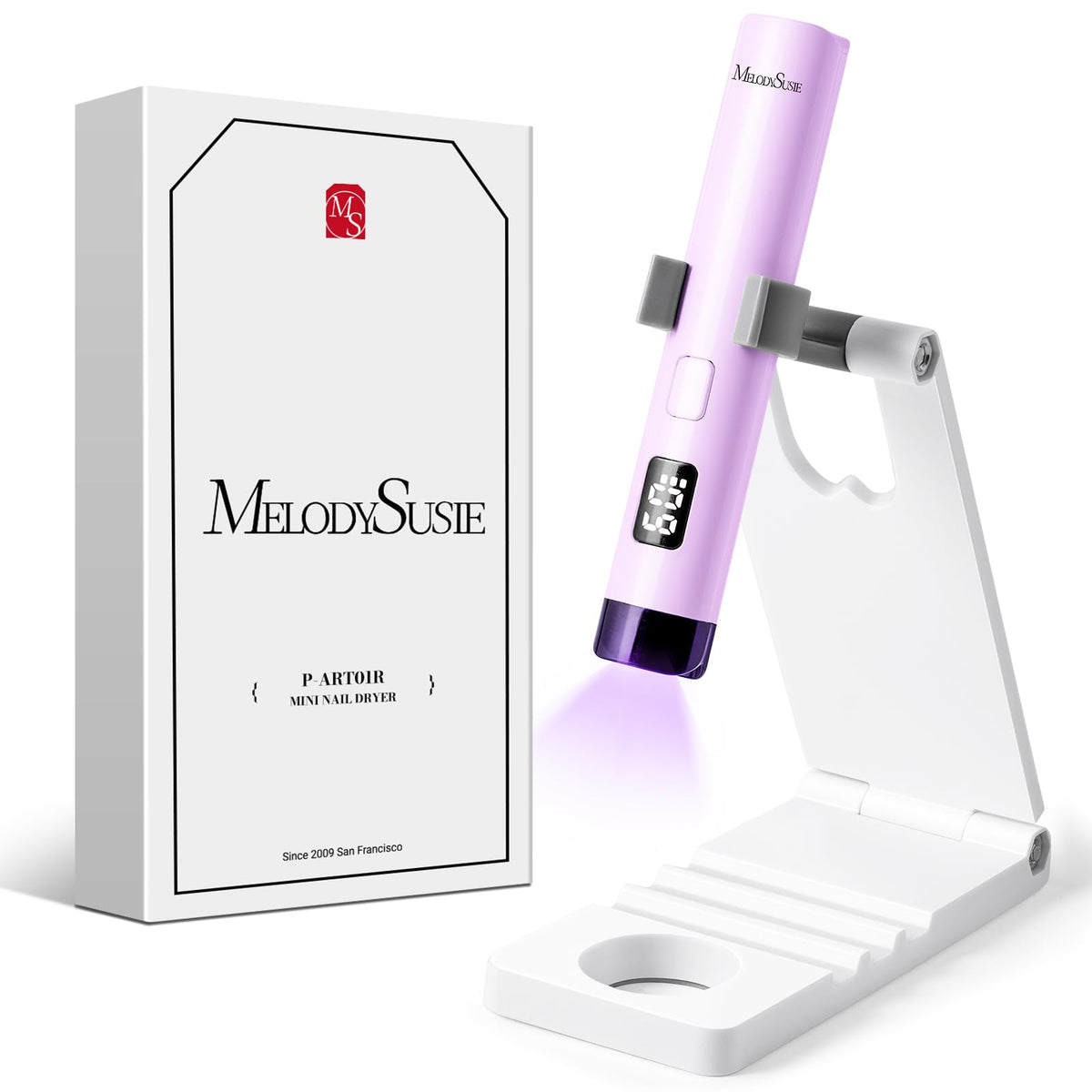 MelodySusie front view with stand showing compact curing benefit