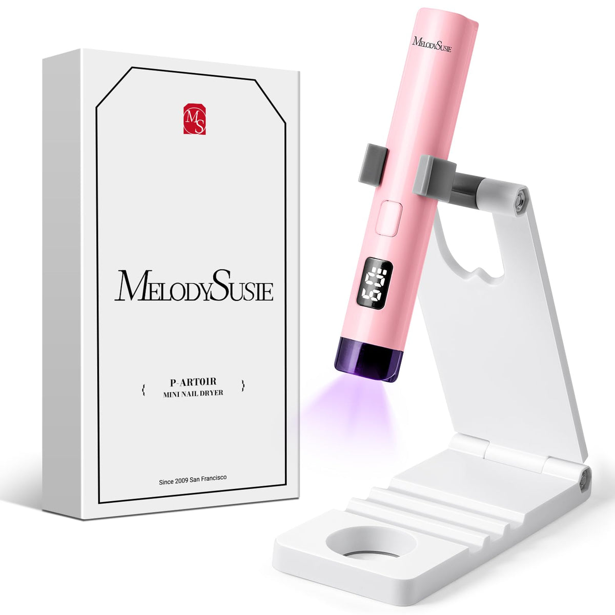 MelodySusie lamp front view with stand showing compact curing area and stability
