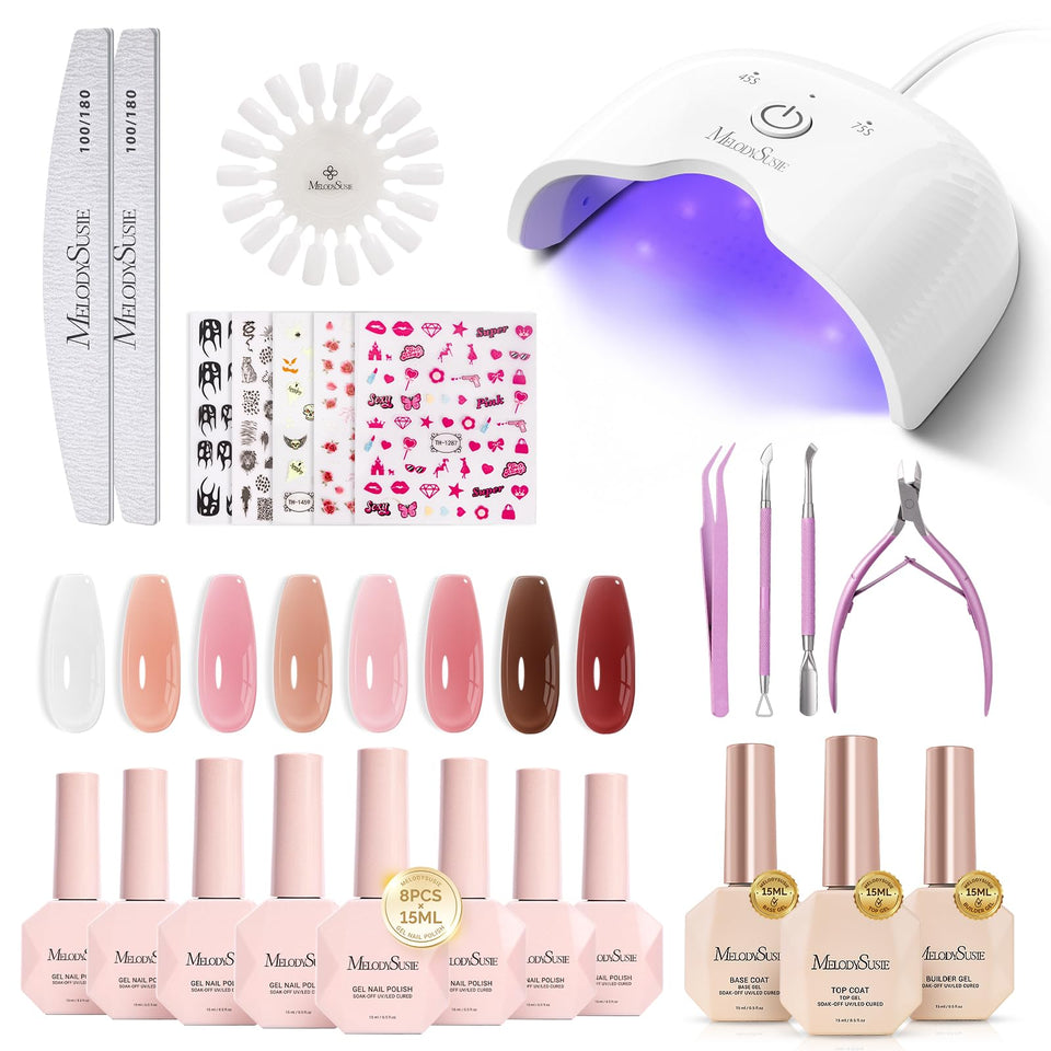 MelodySusie kit box front showing complete gel manicure set and gift-ready presentation