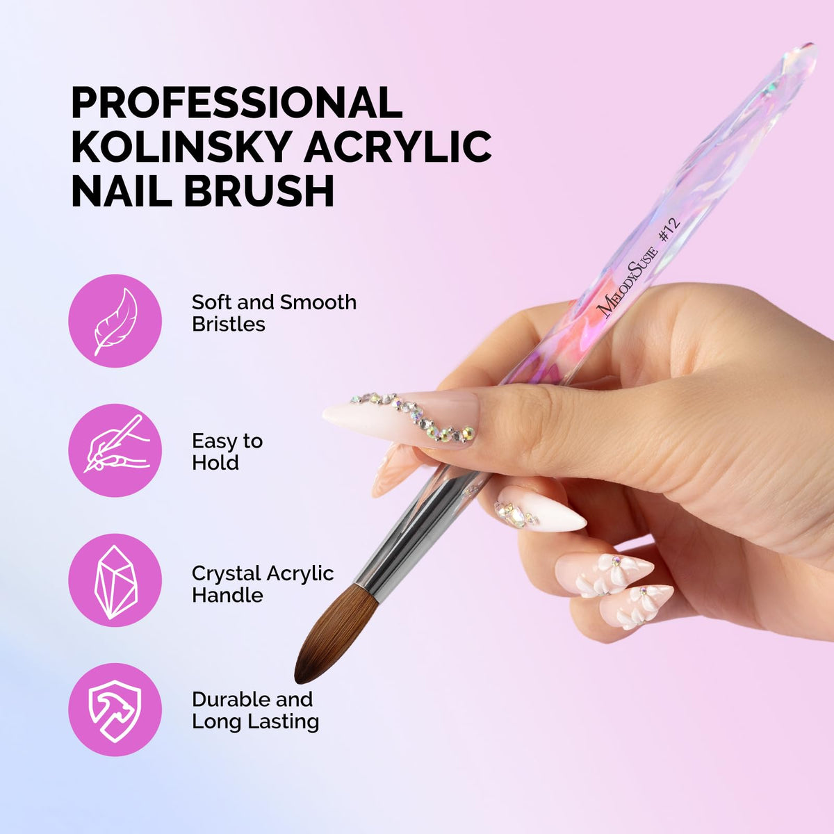 MelodySusie brush close tip showcasing Kolinsky point for precise sculpting