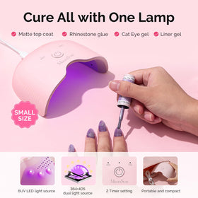 MelodySusie LED UV lamp closeup highlighting low‑heat timers for painless curing