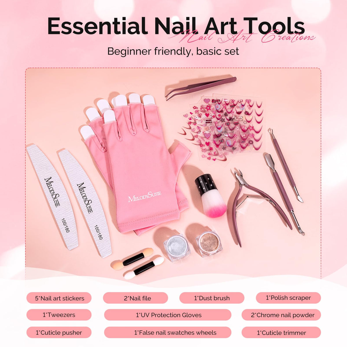 MelodySusie nail tools laid out including files cuticle pusher and tweezers for convenience