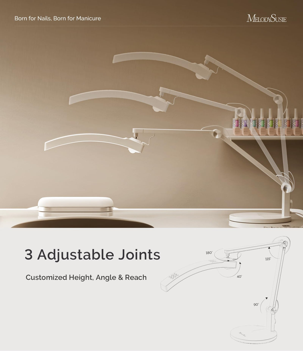 MelodySusie lamp next to hand for size comparison showing reach and task coverage benefit