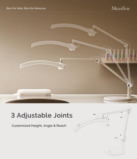 MelodySusie lamp next to hand for size comparison showing reach and task coverage benefit