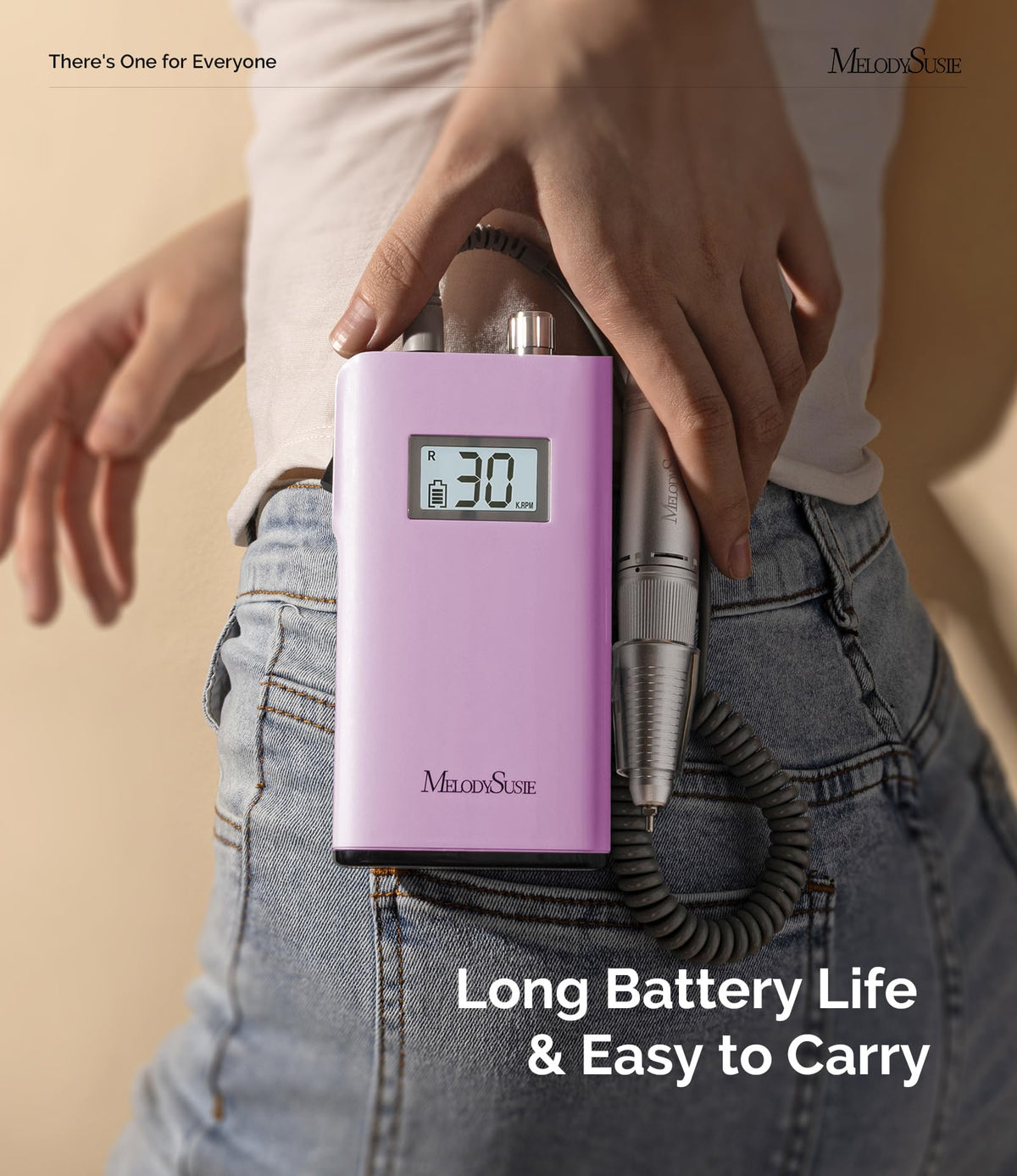 MelodySusie clip attached to waistband demonstrating hands-free portability benefit