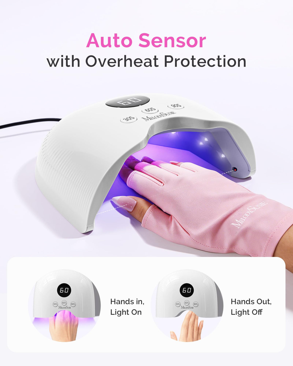 MelodySusie lamp next to a hand for size comparison and portability benefit