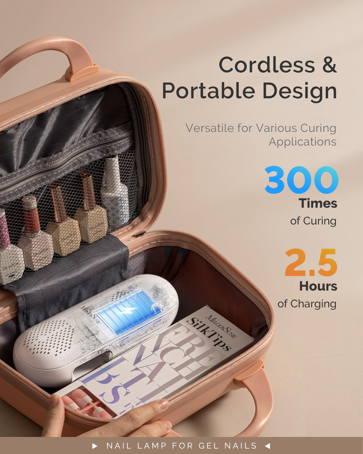 MelodySusie lamp beside hand to show size scale and travel-friendly portability