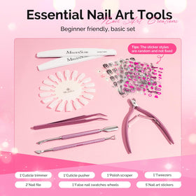 MelodySusie manicure tools and stickers laid out showing prep and decoration benefits