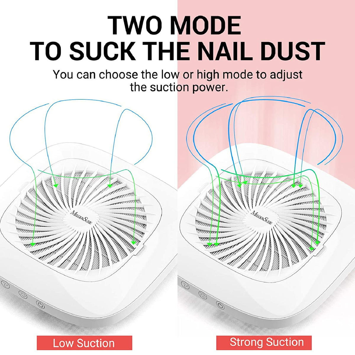 MelodySusie touch control panel showing low and high suction modes for quiet operation