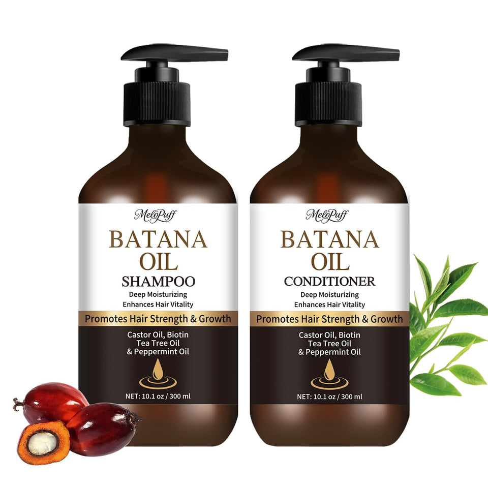 Melopuff front packaging showing full shampoo and conditioner set, promotes hair strengthening
